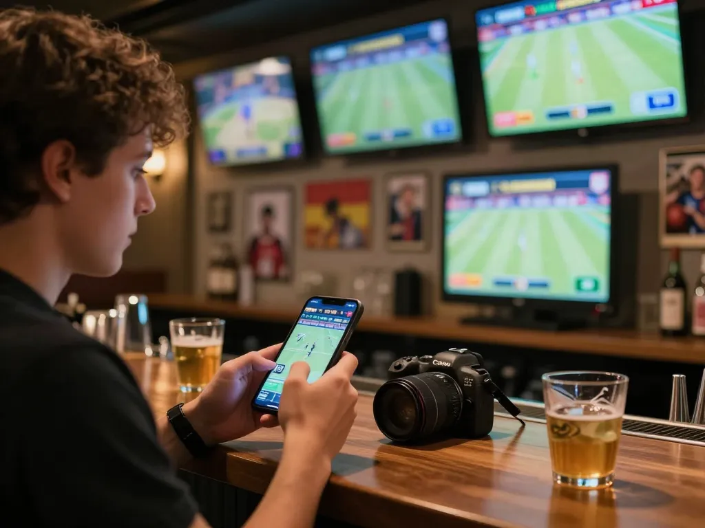 Engaging live sports betting moment at thabet with smartphone and game screens visible.
