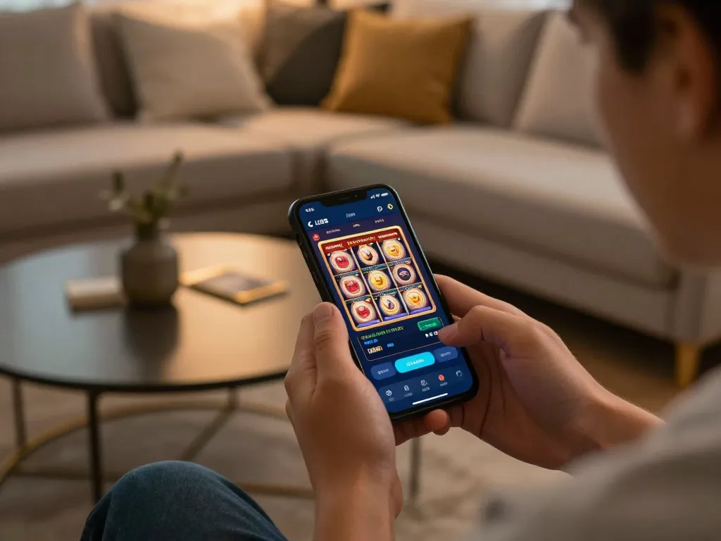 Player engaging with LC88 mobile gaming app, showcasing slot gameplay and betting options in a cozy setting.
