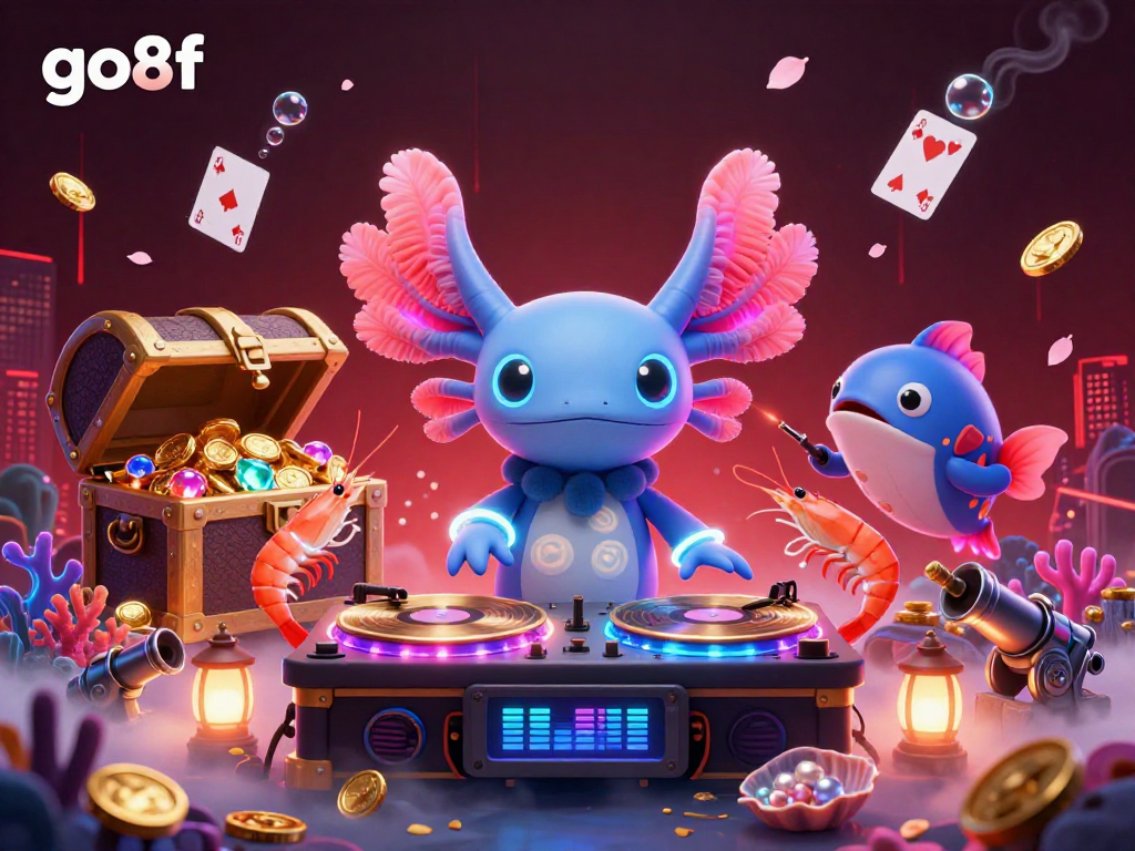 Engage with vibrant underwater gaming fun at go8f featuring a neon axolotl DJ and energetic shrimp dancers.
