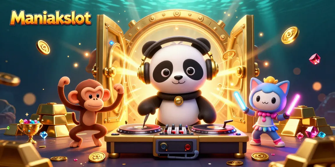 Spin to win at Maniakslot with a vibrant scene featuring a DJ panda, breakdancing monkey, and glowing kitten.