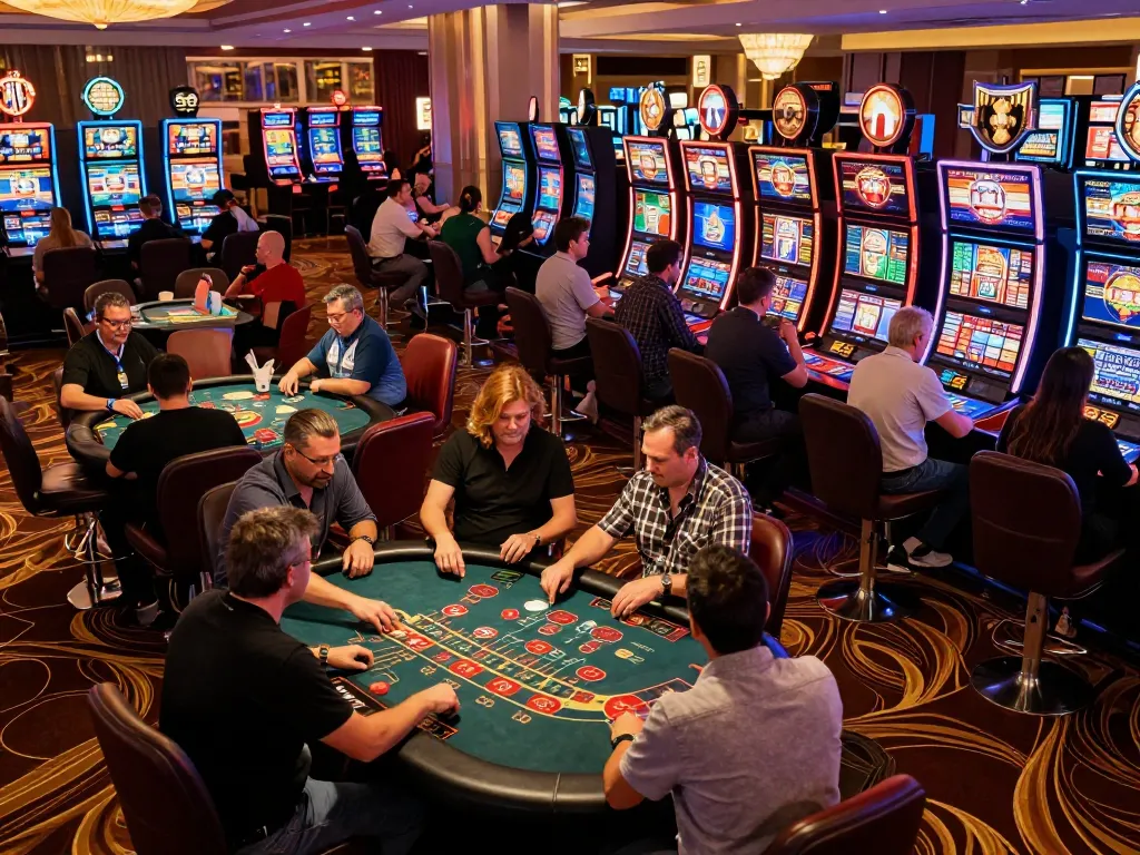 TG88 players eagerly engaging in vibrant casino floor activities, surrounded by high-stakes games.