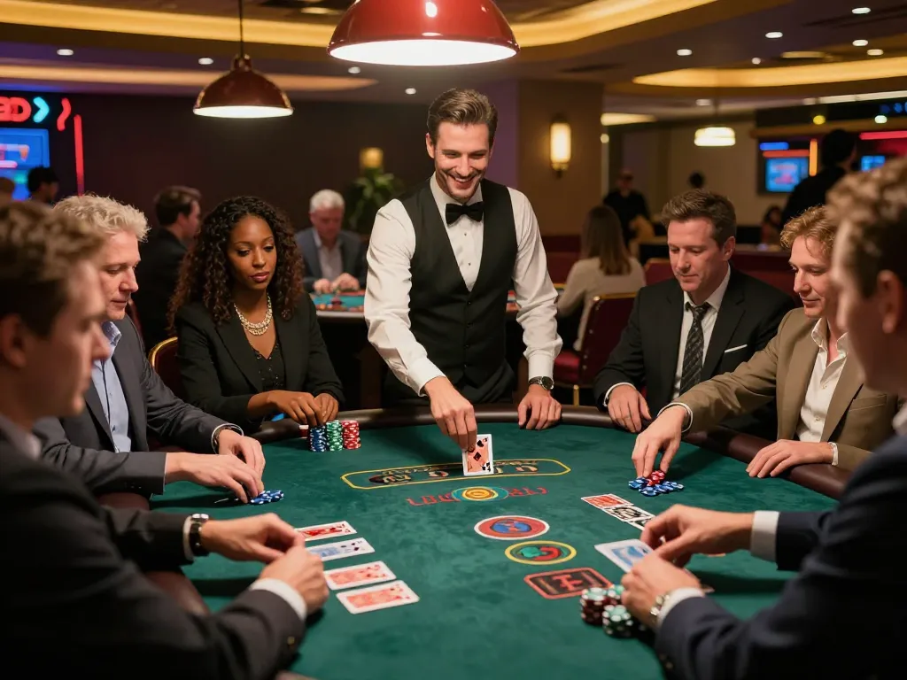 Players engaging in a thrilling blackjack game at a vibrant casino showcasing strategic plays and g28 excitement.