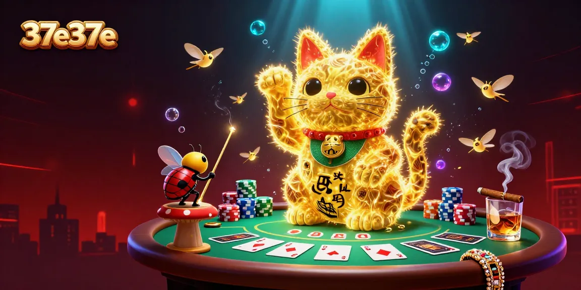 Experience thrilling action with 37e37e's vibrant poker scene featuring a giant lucky cat and chip stacks.