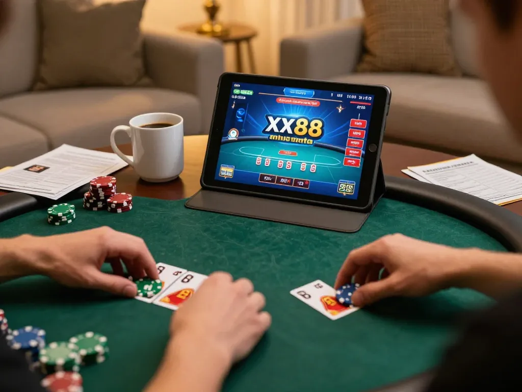 Player placing bets on xx88 online poker platform in comfortable home setting
