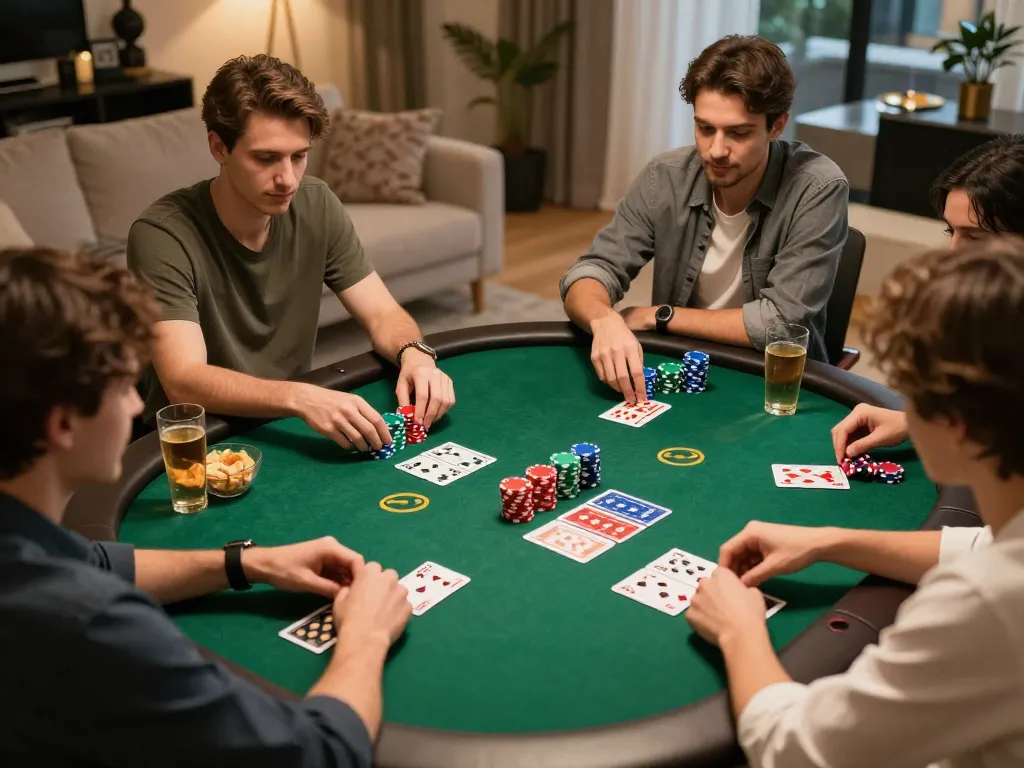 Engaged friends playing poker at home, discovering the best widget store for memorable gaming nights.