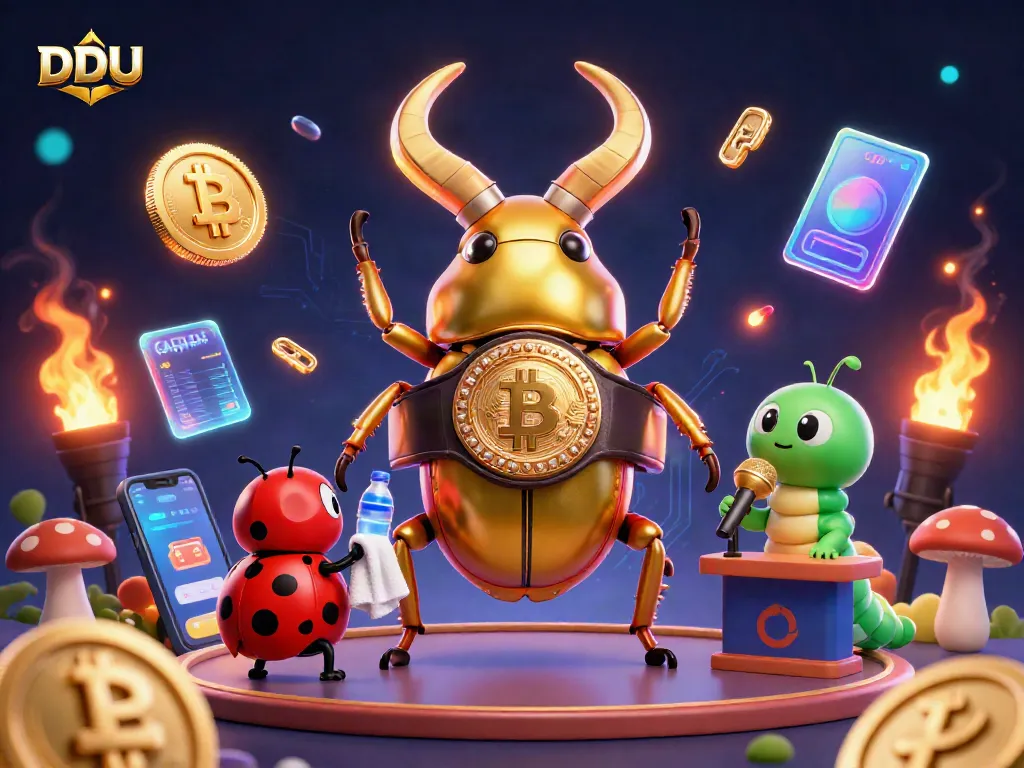 Experience DDUU's thrilling battles with giant golden beetles amid crypto-inspired casino elements.