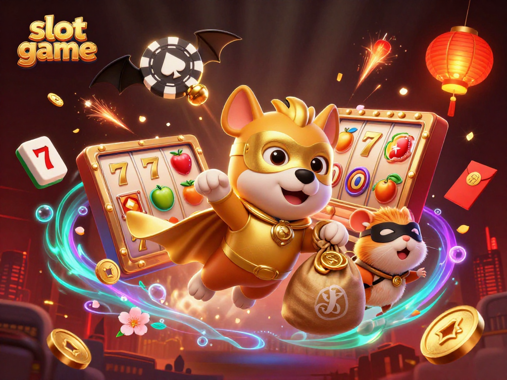 Exciting slot game scene featuring a superhero dog and hamster flying amidst jackpot elements and festive decor.