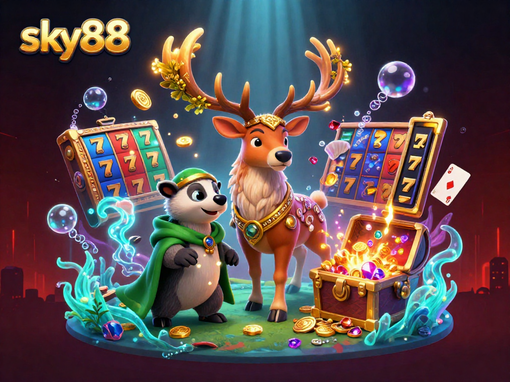 Experience the thrill of sky88 with vibrant slot reels and gaming elements in a captivating 3D illustration.
