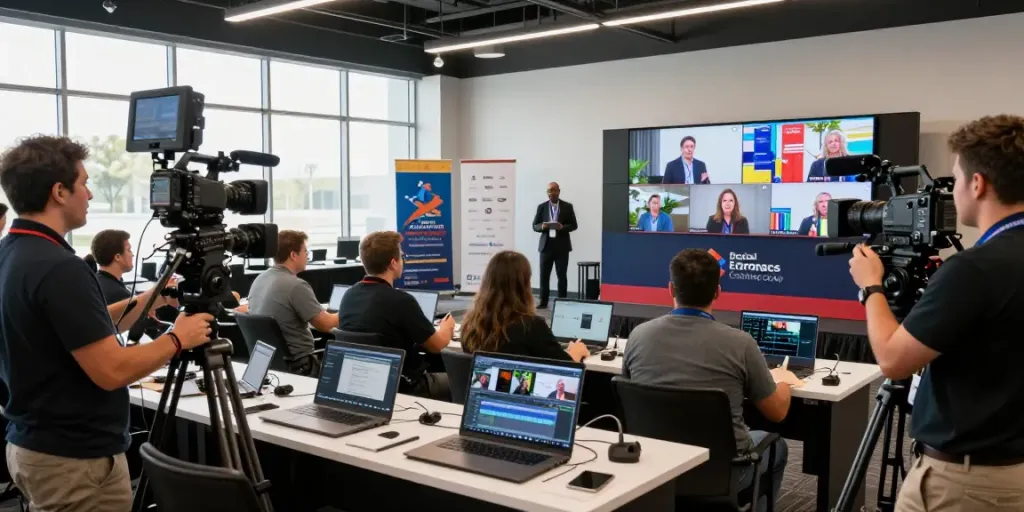 Dynamic conference video production in Orange County, California featuring videographers capturing live moments with professional equipment.
