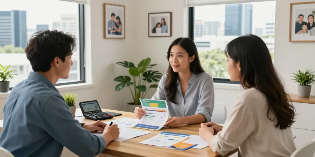 Home loans Brisbane consultation with mortgage broker in inviting office setting.