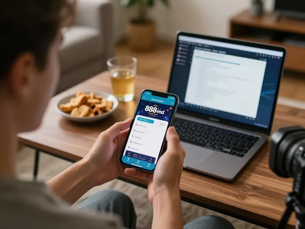 Engaged player using the 888vnd app for mobile betting, showcasing modern gaming setup and responsible entertainment