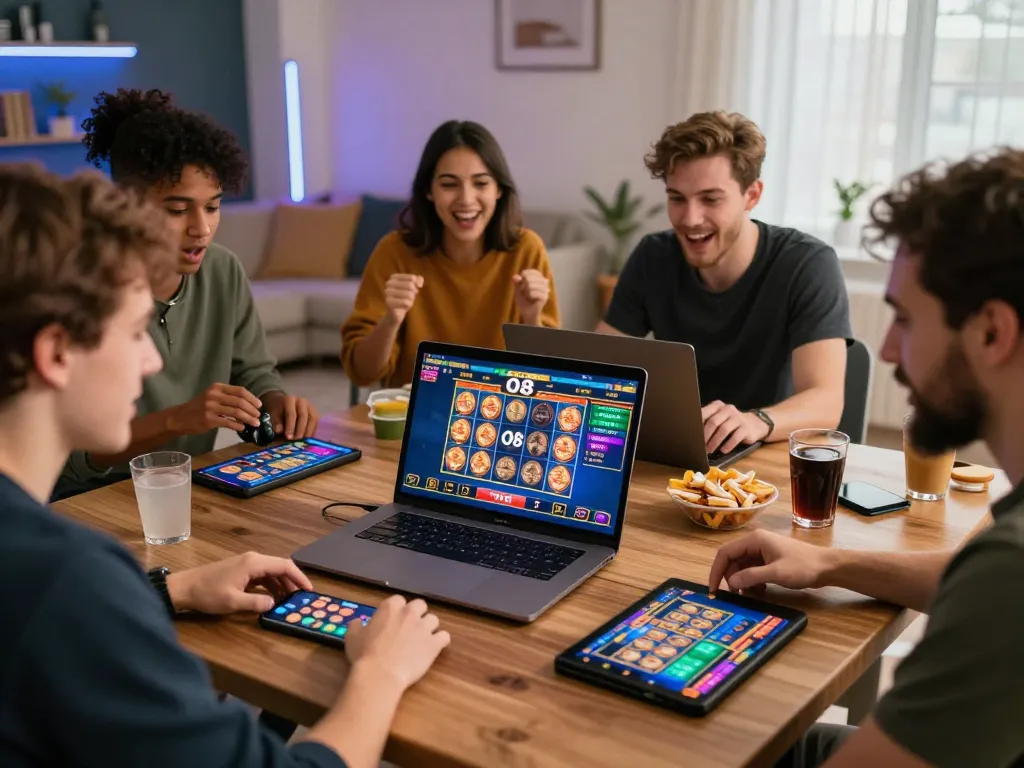 Friends excitedly playing games on O8's online platform in a vibrant home setting