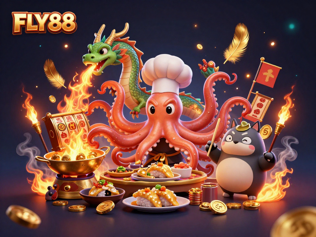 FLY88 showcases a vibrant casino scene with a sushi chef octopus and dragon, enhancing the gaming excitement.