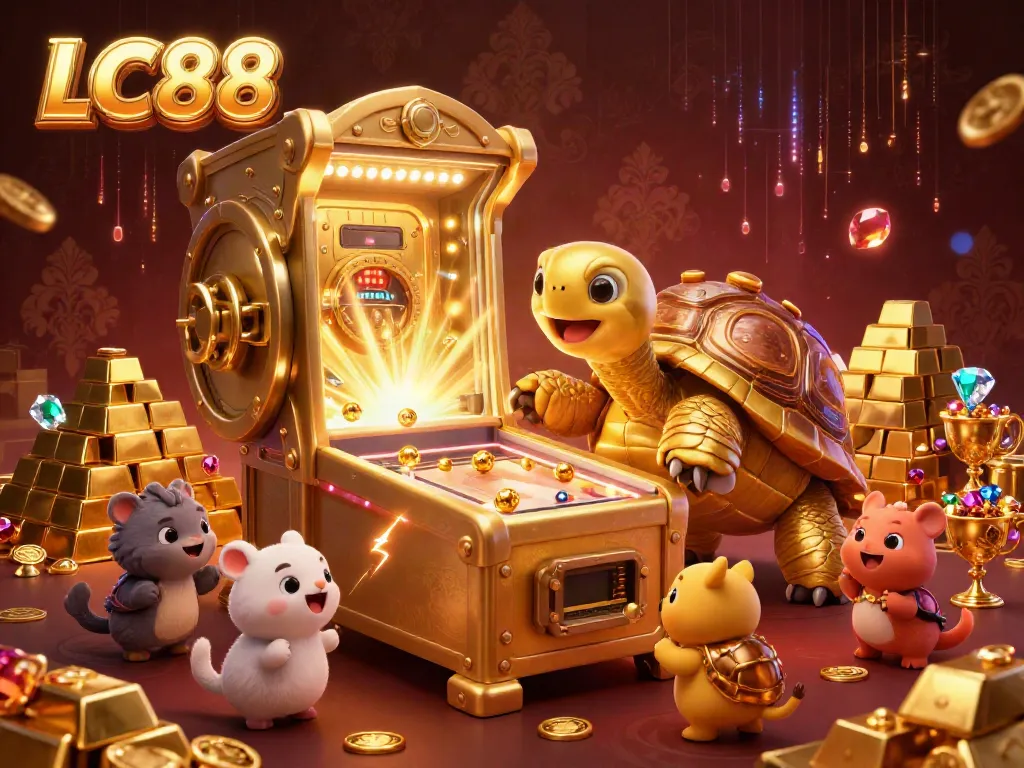 Experience thrilling gameplay at LC88 with a golden tortoise pinball machine surrounded by sparkling treasures.