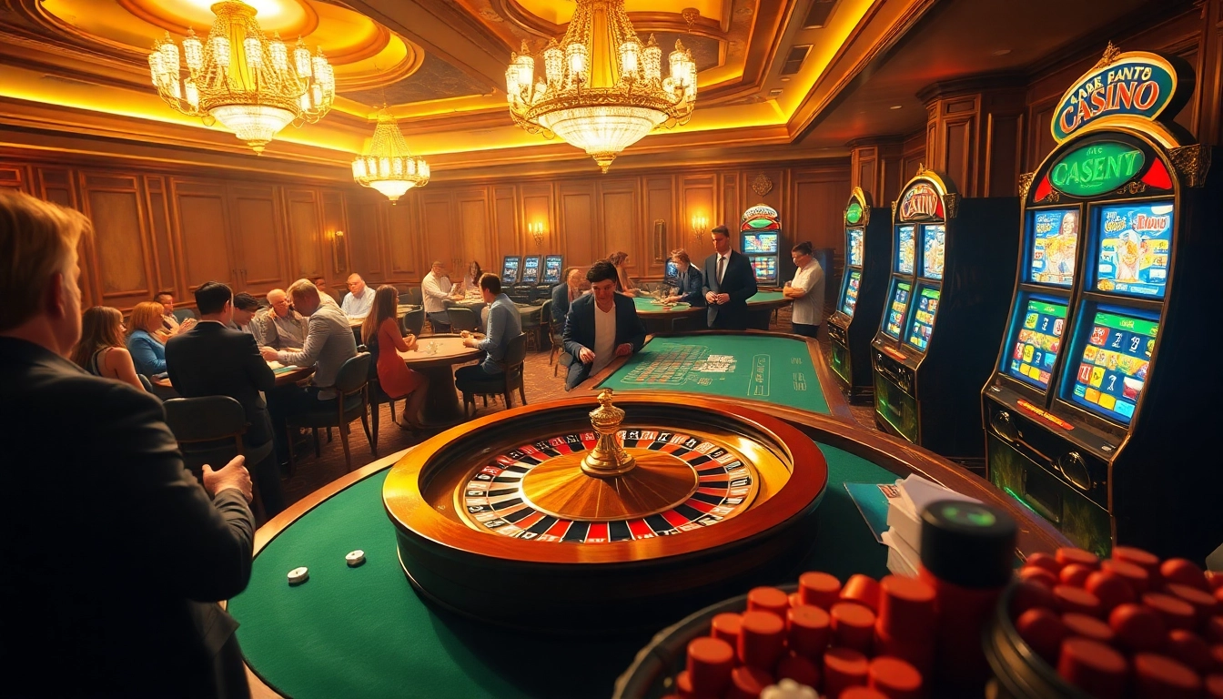 Casino en ligne argent réel : Scène de casino passionnante avec roulette, cartes et joueurs engagés dans les jeux d'argent.