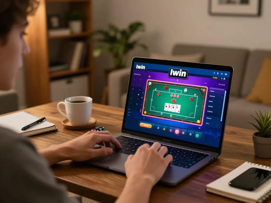 Iwin app displayed on a laptop during strategic online casino gaming session in a cozy home environment