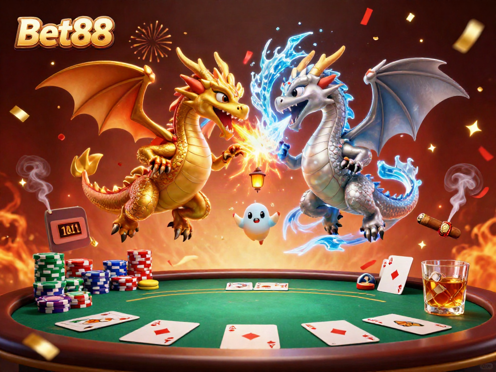 Bet88 brings excitement with intertwined dragons and poker action in a dynamic gaming scene.