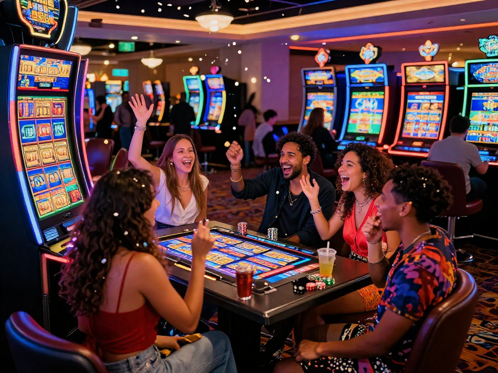 Friends celebrating a big slot jackpot win at a vibrant casino gaming floor, neon lights enhancing the festive atmosphere.