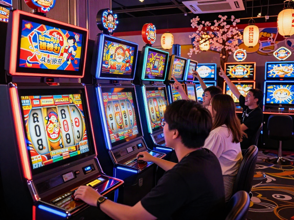 Excited players enjoying slot jepang machines in a vibrant casino setting