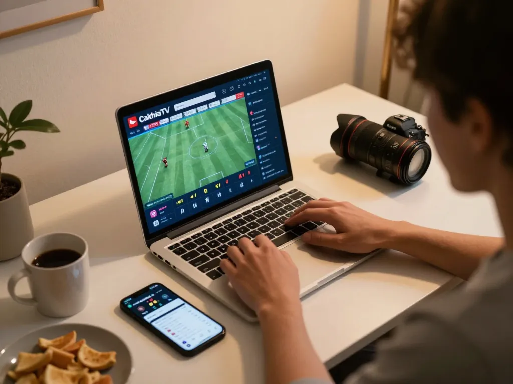 CakhiaTV sports betting setup at home with live stream and betting app on laptop.