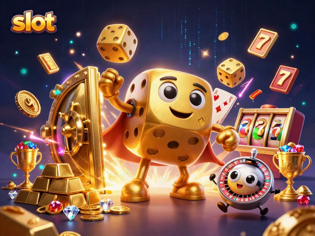 Experience thrilling slot action with a dynamic golden dice golem and treasure-filled scene.