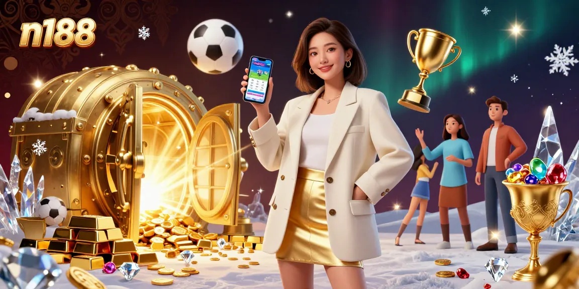 Engage with n188 while exploring a vibrant 3D casino scene highlighting sports betting excitement and luxurious rewards.