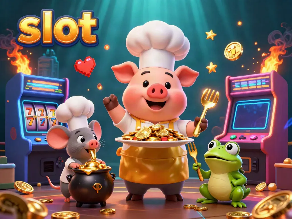 Koki babi menyajikan koin emas di situs slot sambil dinilai oleh kodok kritikus, menarik perhatian pemain judi.