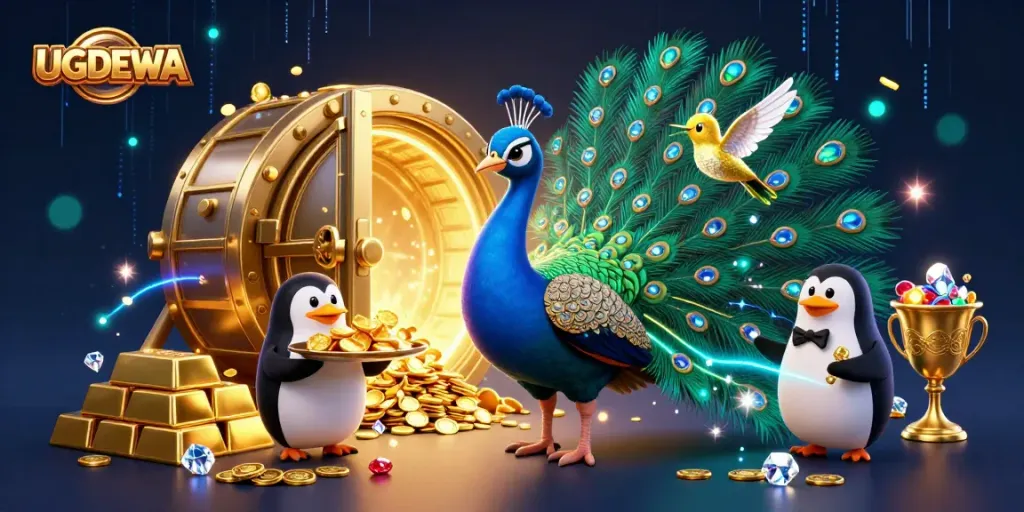 Engage in thrilling gaming adventures with UGDEWA, featuring vibrant casino characters and treasures.