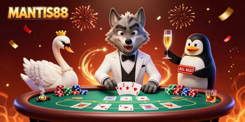 Engage with MANTIS88's lively casino scene featuring charming characters at a baccarat table.