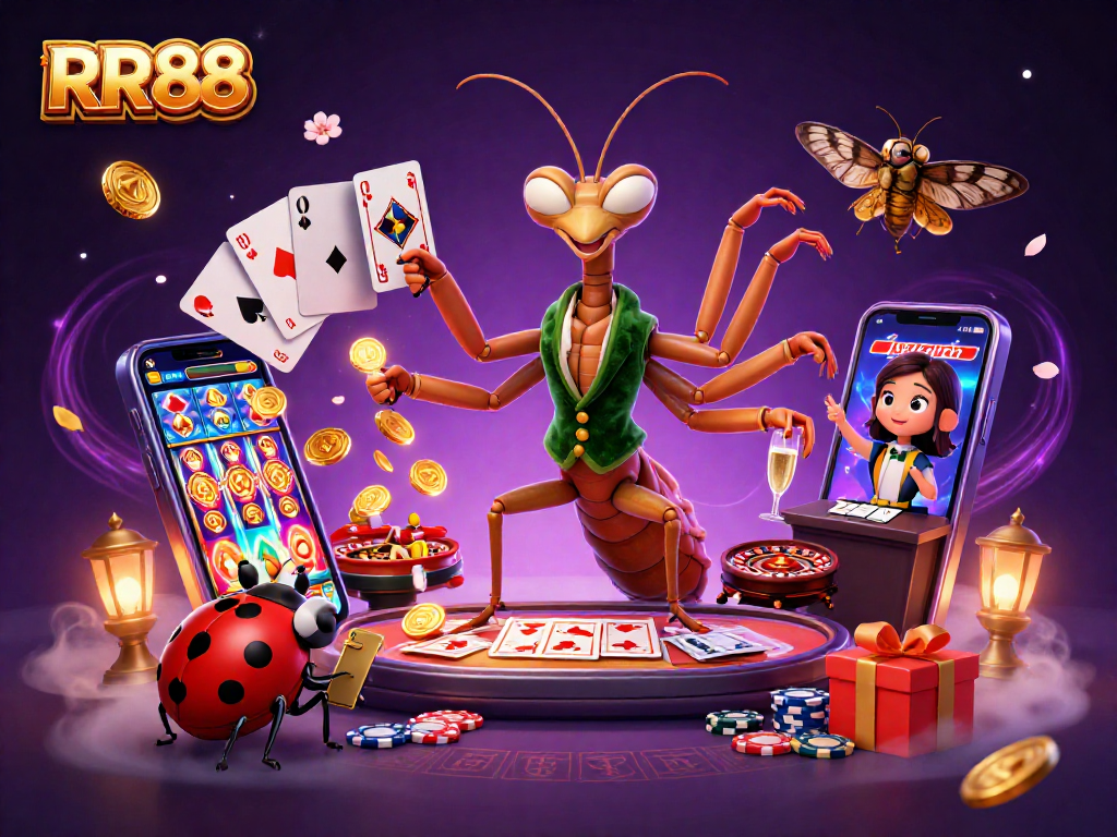 RR88 gaming illustration showing a vibrant casino scene with characters engaging in games and winning.