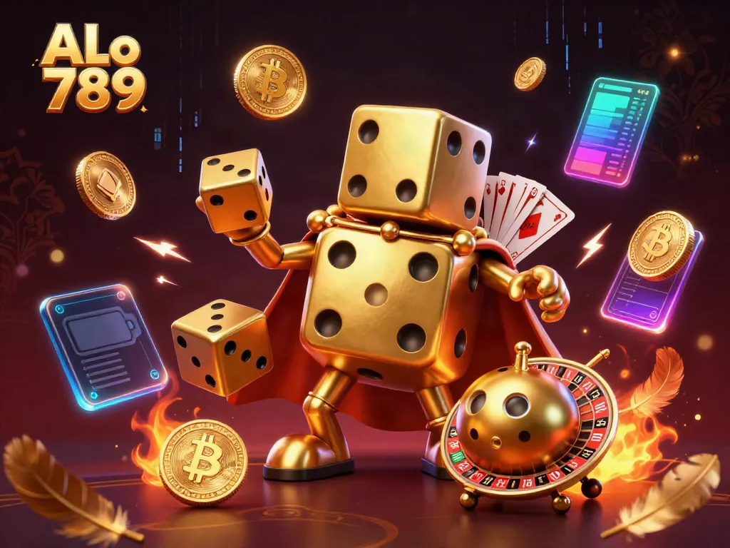 Engage with ALo 789's vibrant casino scene, featuring a golden dice golem and fighting arena elements.