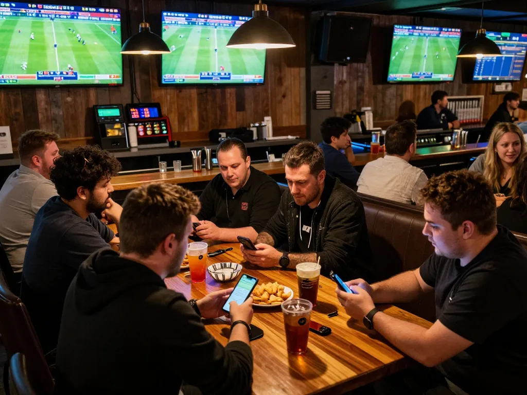 Socolive patrons engaging in sports betting at a lively bar with multiple screens.