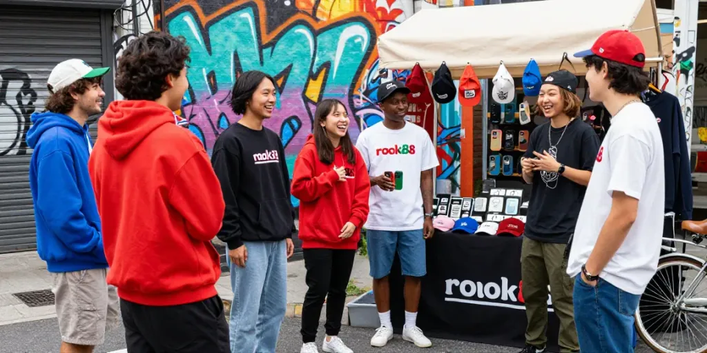 Group of young adults showcasing vibrant rokok88 merchandise in an urban setting