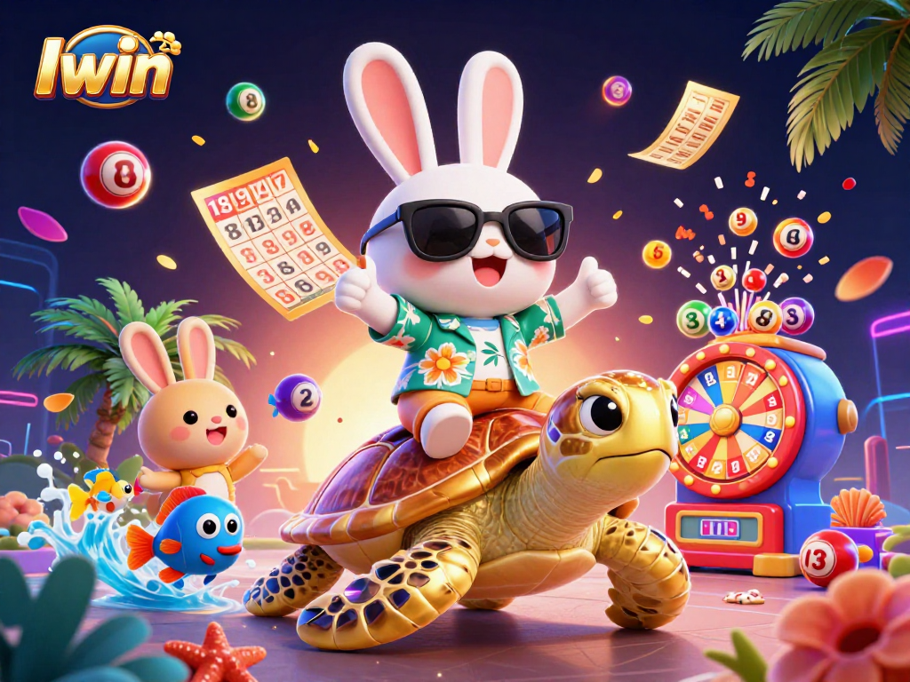 Iwin showcases a lucky rabbit and golden turtle celebrating with vibrant lottery elements in a stunning 3D scene.