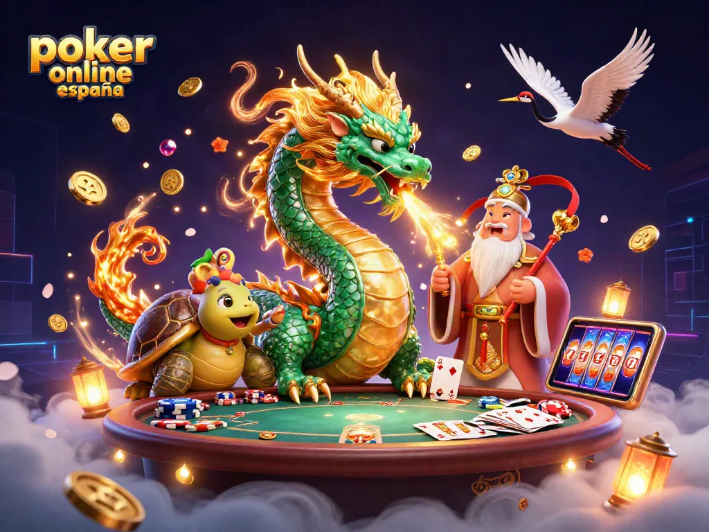 Vive la emoción del póker online España con aventuras y premios en una ilustración dinámica.