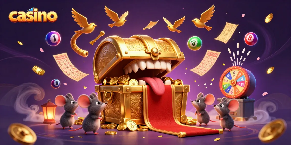 Engage with the casino excitement depicted by golden treasure chest and vibrant lottery elements.