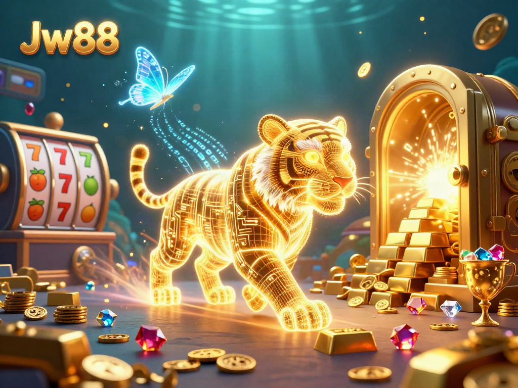 Engage with Jw88 through a dynamic casino scene featuring a neon tiger and treasure elements.
