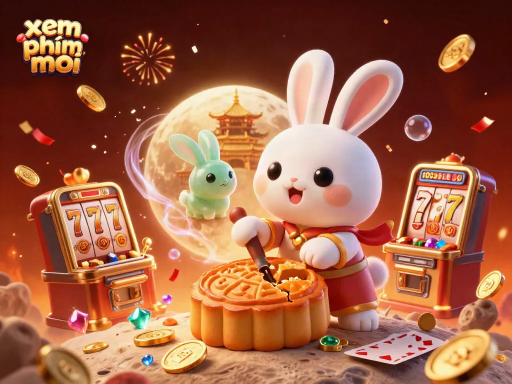 Xem phimmoi features an interactive gaming scene with a moon rabbit surrounded by poker chips and slot elements.