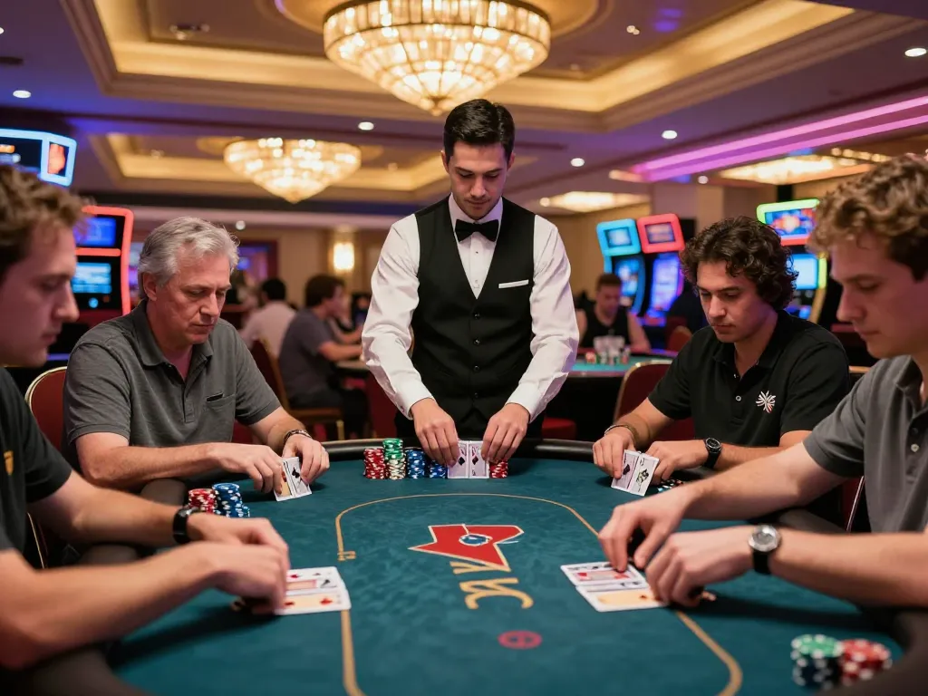 Pemain poker yang merencanakan strategi di meja Texas Hold'em di kasino Las Vegas yang cerah.