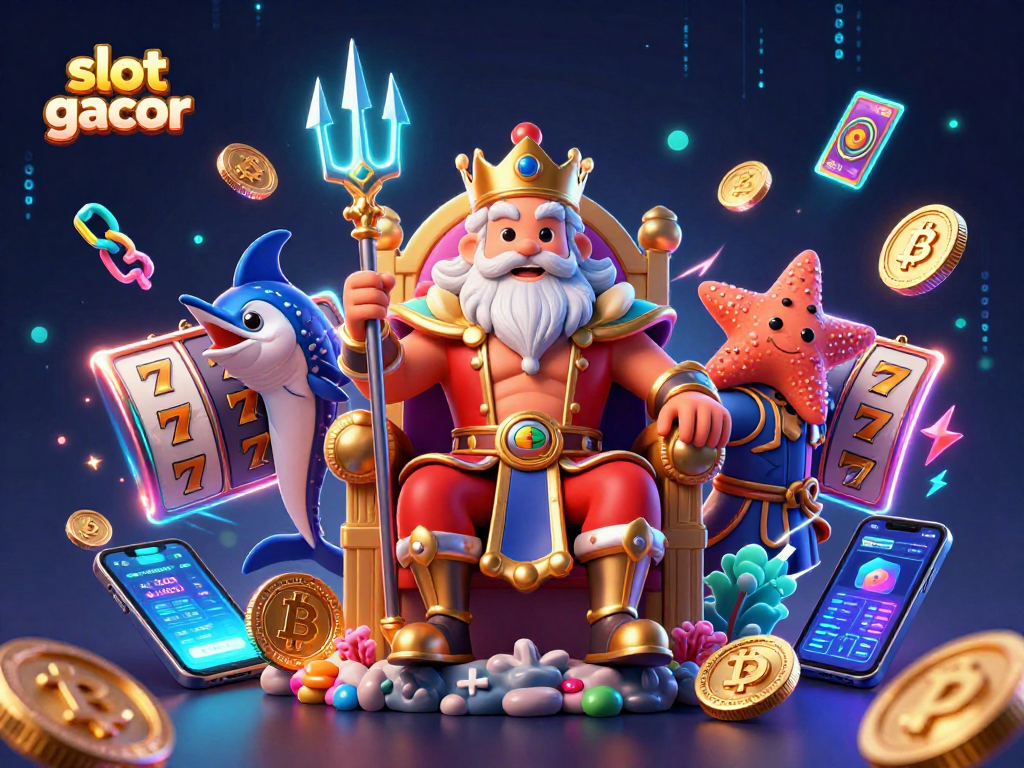 Engage in slot gacor excitement with a vibrant digital casino scene featuring Neptune and vibrant elements.