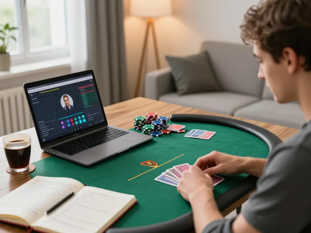 Go8 online poker session with player analyzing cards and managing bankroll strategies
