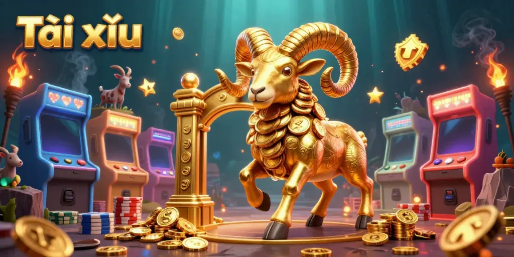 Tài xỉu game illustration featuring a golden ram charging through a vibrant casino setting.