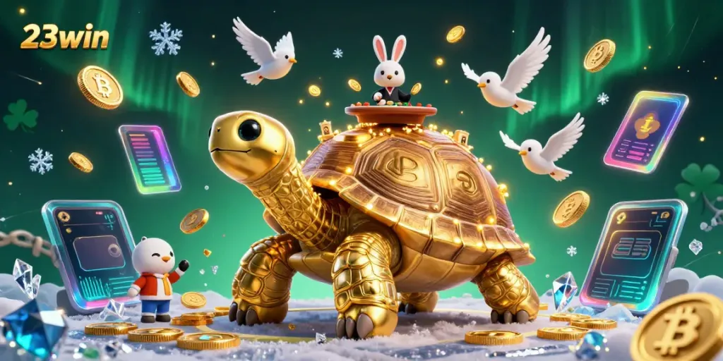 Engage with 23win's interactive gaming experience featuring a giant tortoise casino.