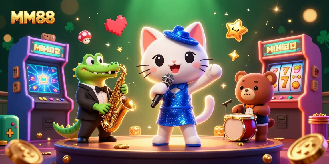 Experience MM88's vibrant casino atmosphere with characters enjoying the exciting world of slots.