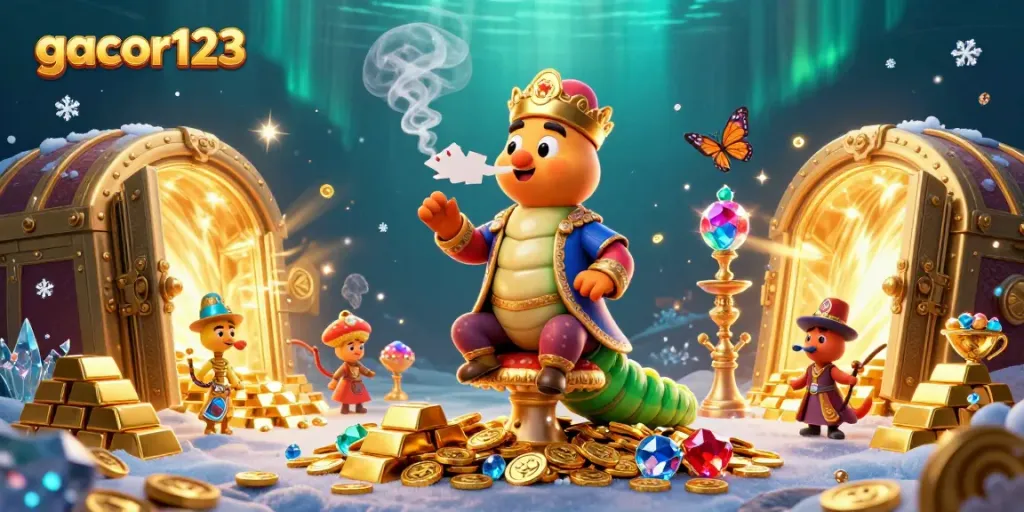 Experience the excitement of gacor123 with vibrant poker symbols and treasure elements.