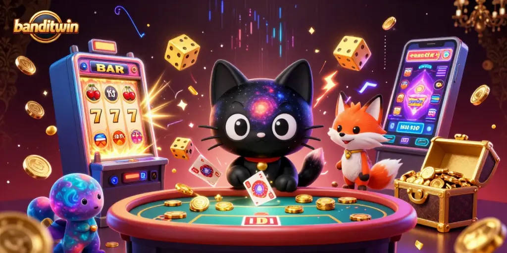 banditwin menarik chip emas dan kartu dari meja kasino yang penuh dengan keceriaan