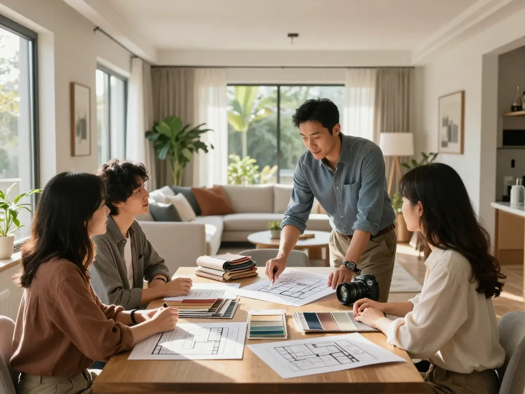 ออกแบบบ้าน with interior designers collaborating on modern home plans in a bright atmosphere.