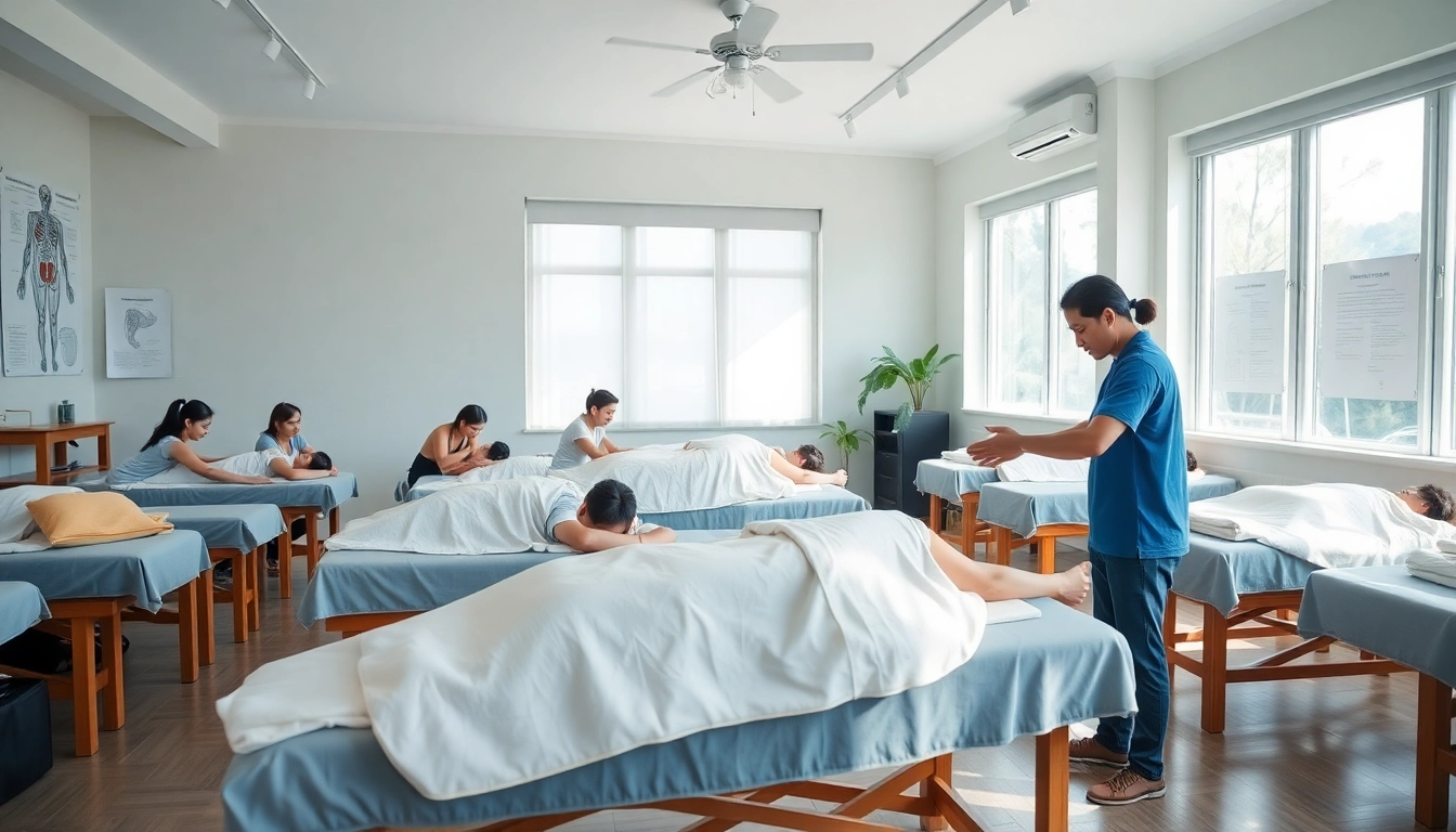 Engaging classroom scene at Chiang Mai Massage School, showcasing students practicing advanced massage techniques under expert guidance.