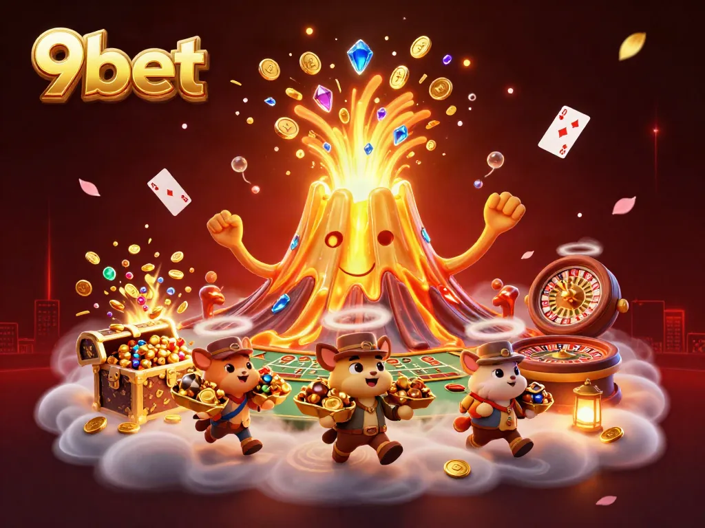 Experience winning excitement with 9bet's dynamic live casino illustration featuring a golden volcano.