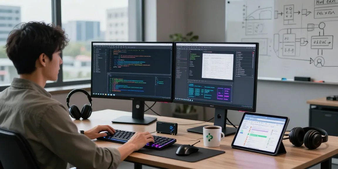 Developer at modern workspace with ggsoft software tools and dual monitors